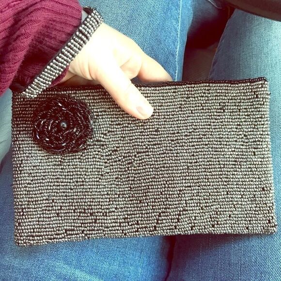 Beaded Clutch in Gunmetal Silver with Black Flower - Picture 1 of 6
